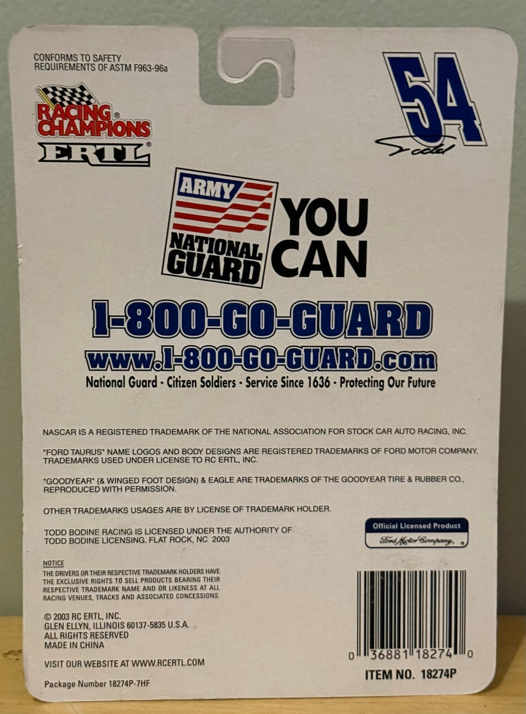 Racing Champions Todd Bodine #54 National Guard 1:64 Die-Cast Metal Replica