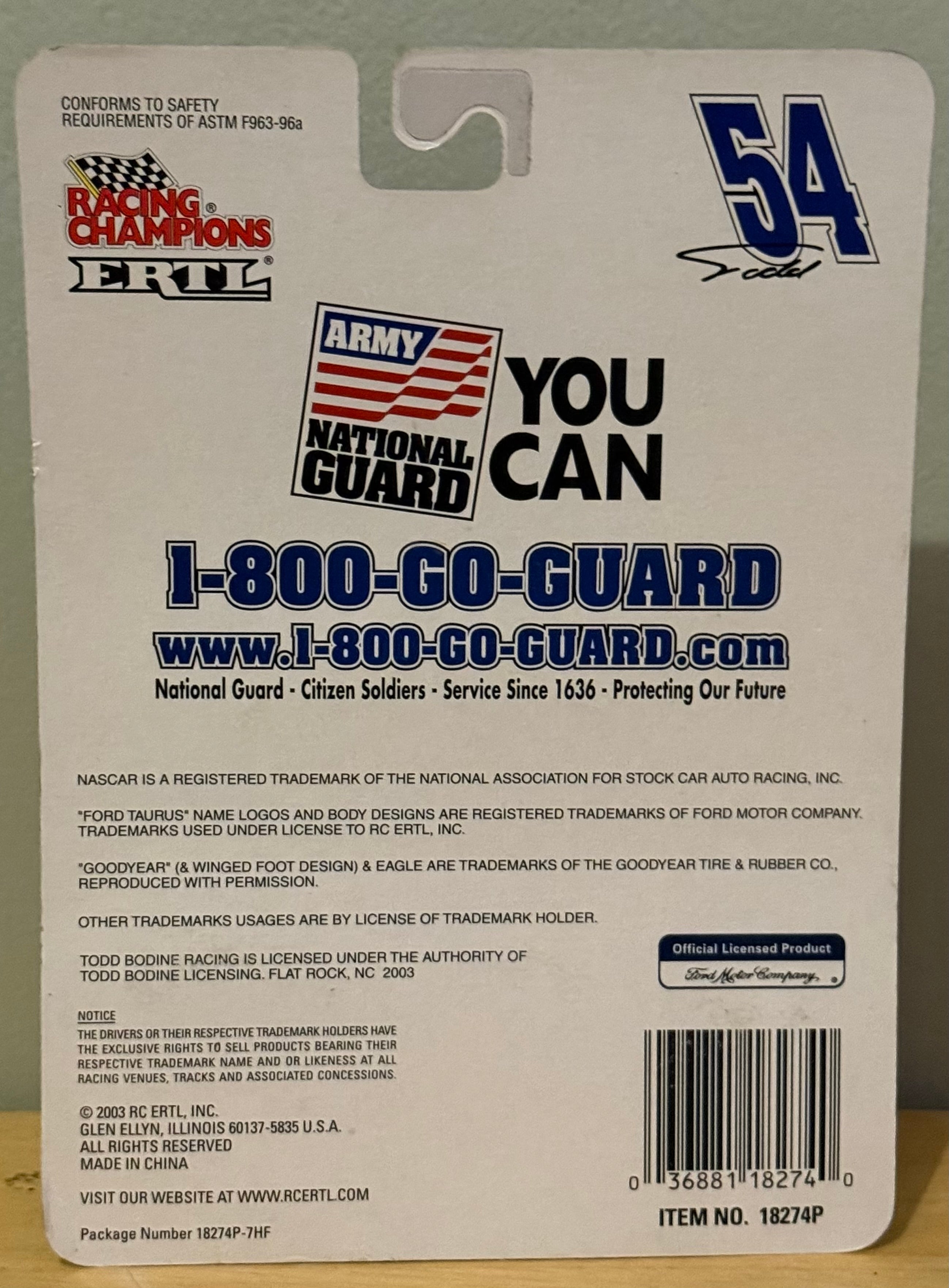 Racing Champions Todd Bodine #54 National Guard 1:64 Die-Cast Metal Replica