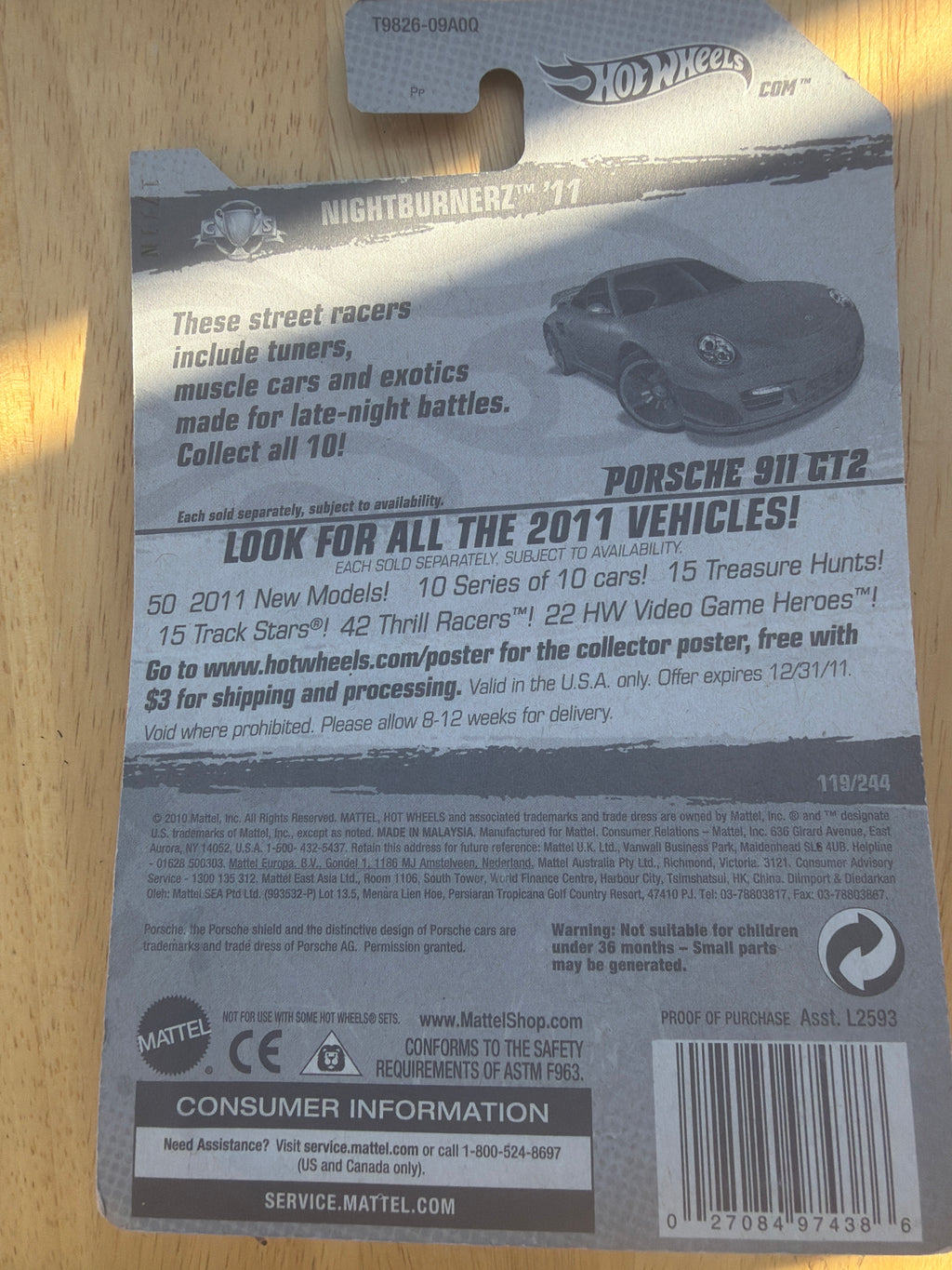 Hot Wheels Porsche 911 GT2 on a 2011 Nightburnerz card